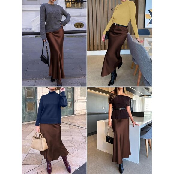Elegant Satin Maxi Skirt for Women High Waisted Deep Brown Silk Dressy Casul - Picture 3 of 7